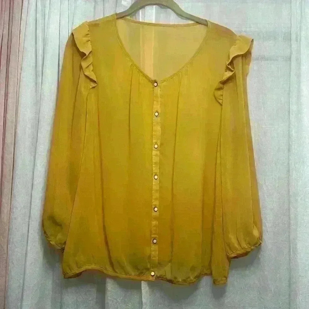 Gold Sheer Blouse Medium with Pearl buttons Item#J - Picture 1 of 6